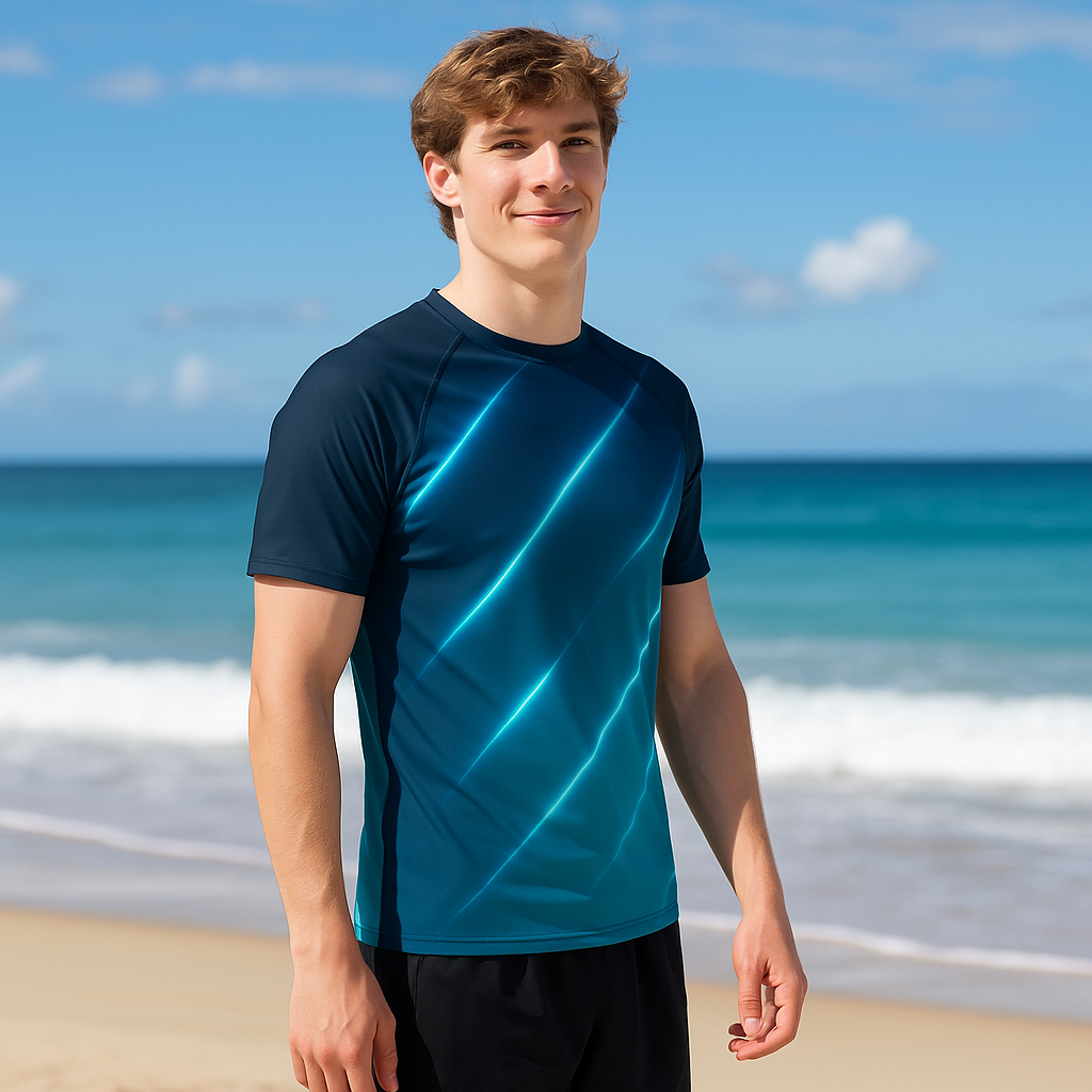 Kurzarm Rash Guard „Blue Light Stripes“ – Sportshirt für Jugendliche & Erwachsene