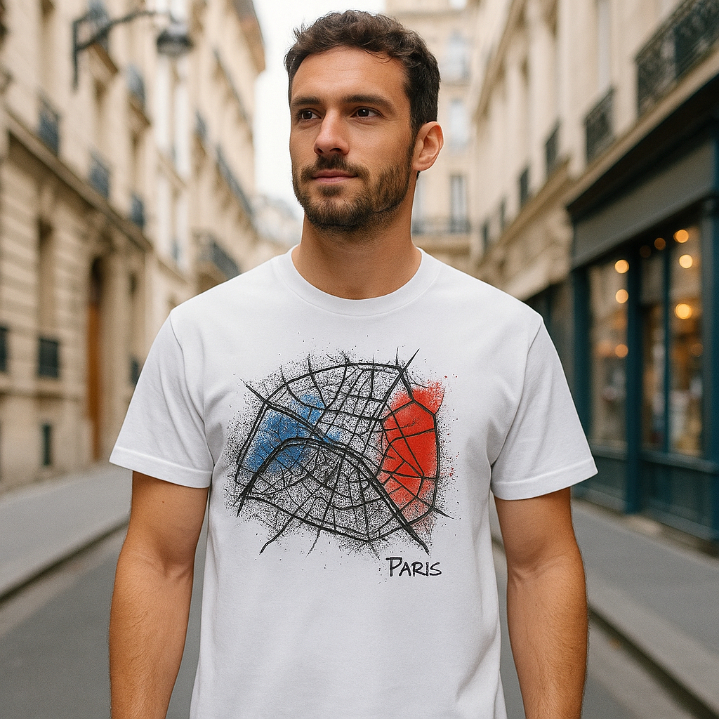 Paris Stadtkarte Unisex T-Shirt – Abstraktes Design mit französischer Flagge, Streetwear Kunstshirt