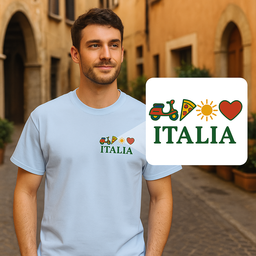 Unisex T-Shirt „Italia“ – Vespa, Pizza, Sonne, Herz – Italien Shirt mit Retro-Design