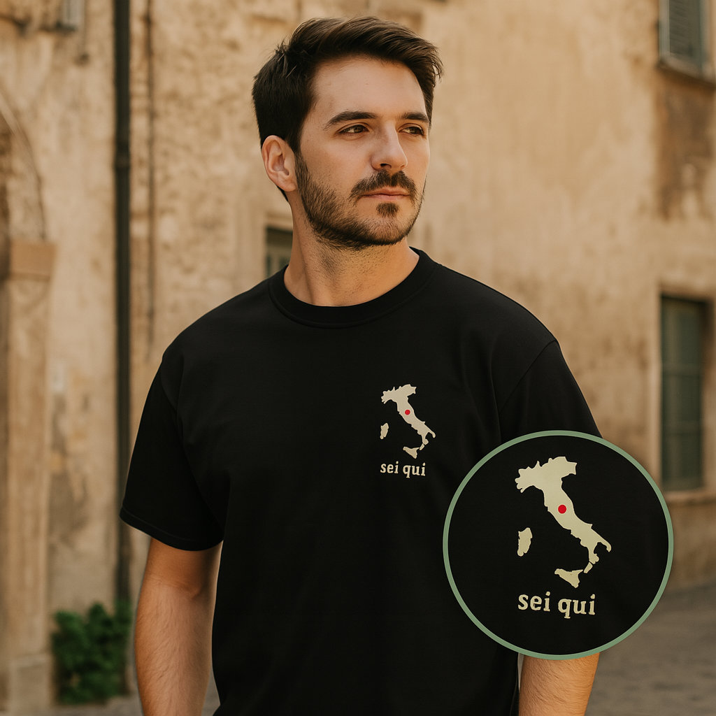 „Sei Qui“ T-Shirt – Italien Karte mit Punkt – Unisex Shirt für Italien-Fans