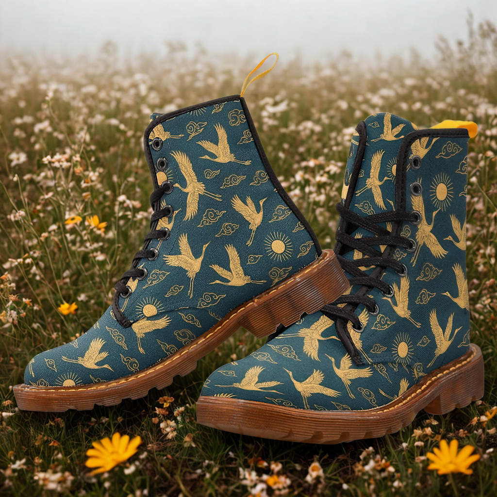 Damen Boots mit goldenem Kranich-Design – Winter Canvas Lace-Up Stiefel