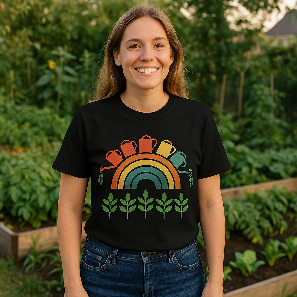 Nachhaltiges Regenbogen-Garten T-Shirt – Gießkannen & Pflanzen im Retro-Stil