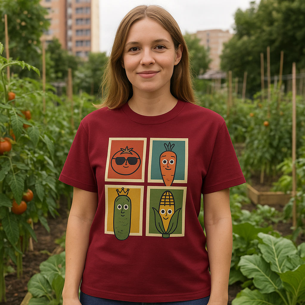 Lustiges Gemüse T-Shirt – Tomate, Karotte, Gurke & Mais im Retro-Comic-Stil
