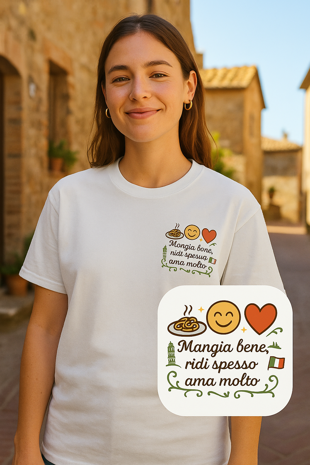 T-Shirt „Mangia bene, ridi spesso, ama molto“ – Italienisches Lebensmotto für Genießer