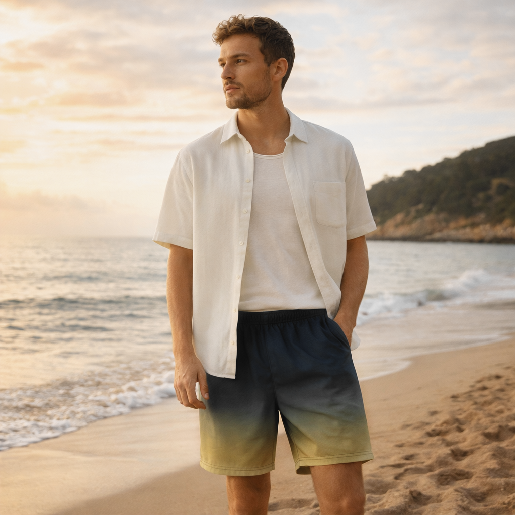 Premium Herren Badeshorts Sand Ombre – Charcoal Beige Gradient Badehose