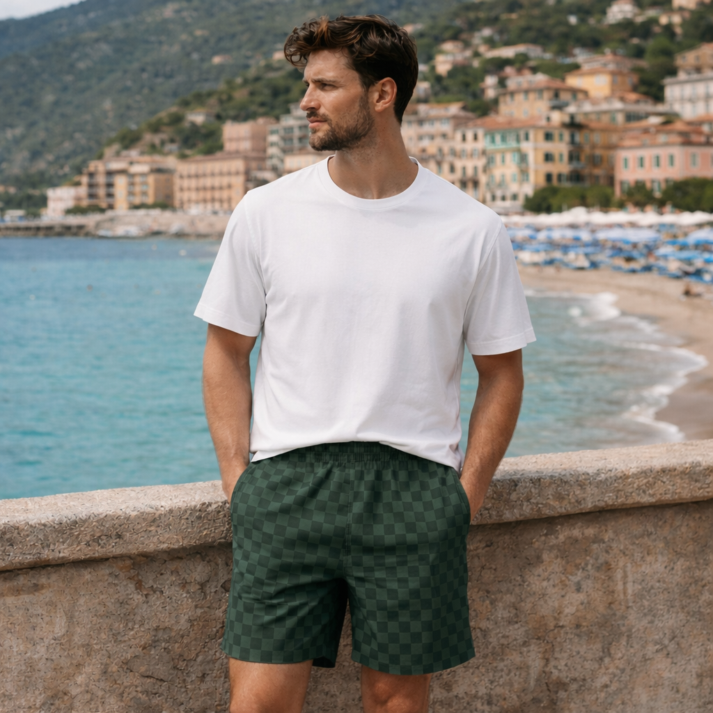 Premium Herren Badeshorts Dunkelgrün Kariert – Forest Check Badehose