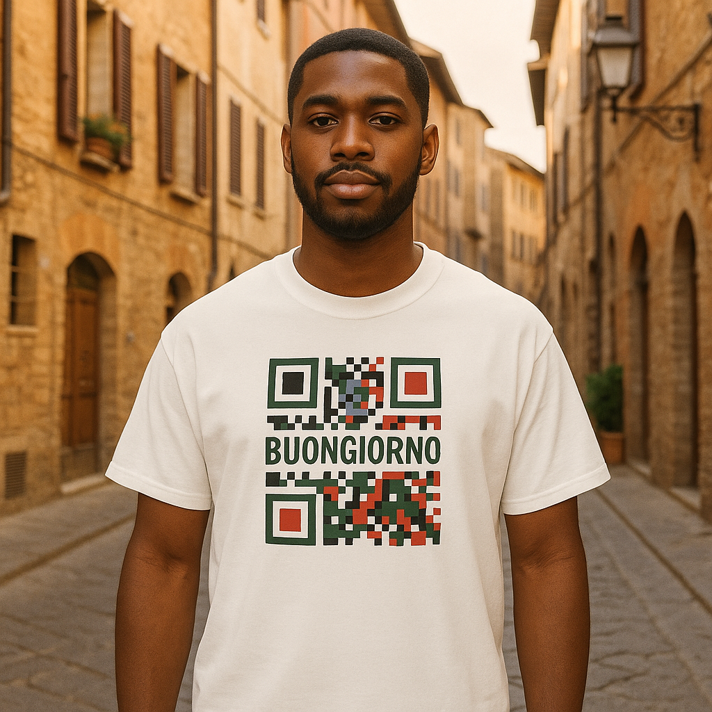 Buongiorno QR Code T-Shirt – Italienisches Statement Shirt mit stilvollem Print