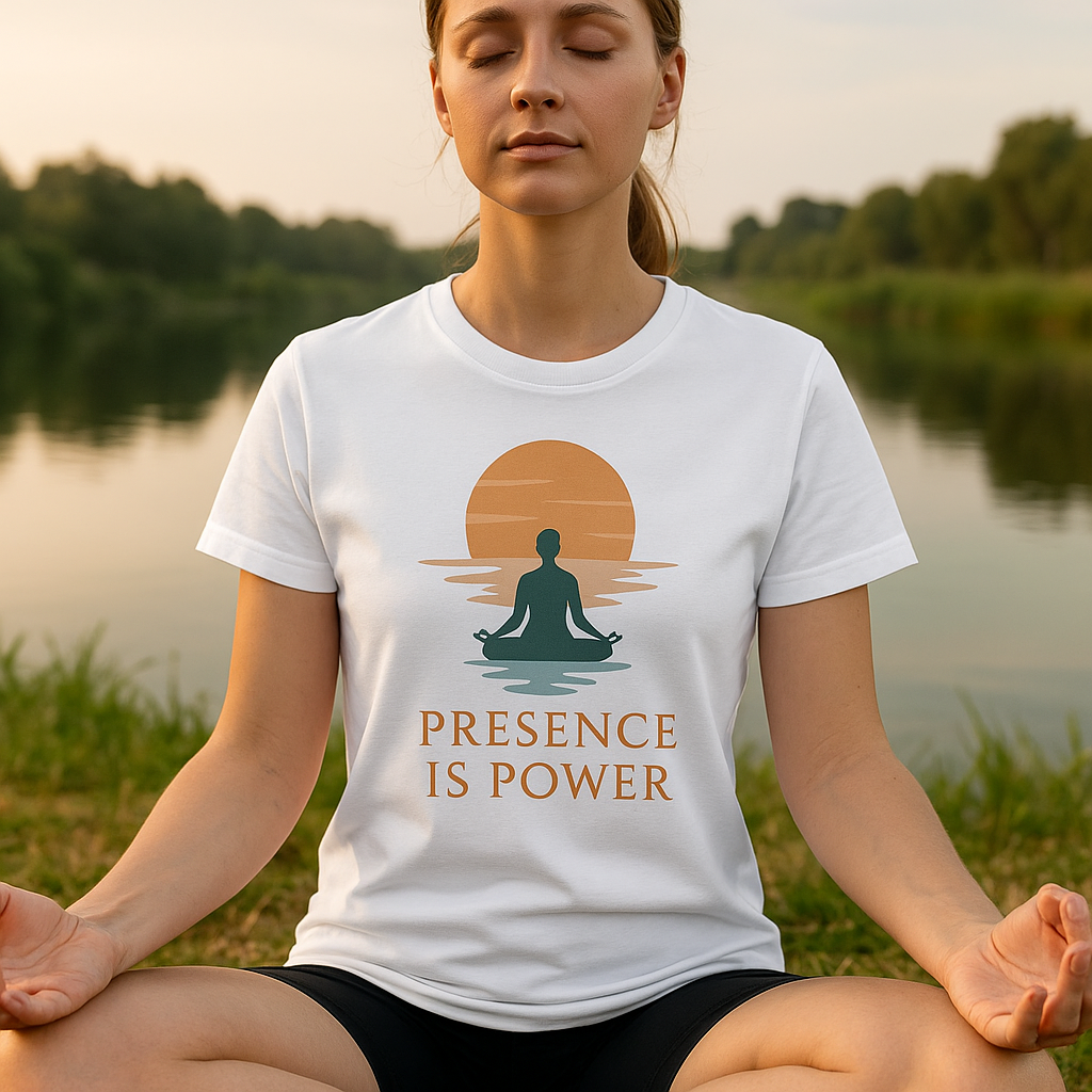 Achtsamkeit T-Shirt für Damen – „Presence is Power“ Design mit Sonnenuntergang & Meditation