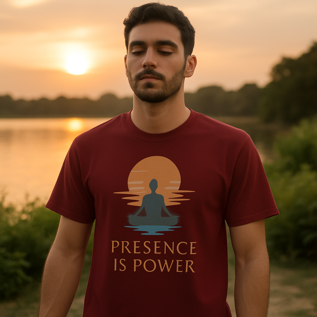 Achtsamkeit T-Shirt – „Presence is Power“ Design mit Sonnenuntergang & Meditation