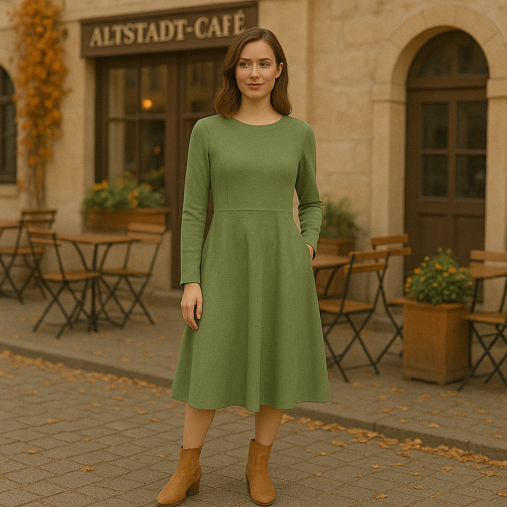 Milky Matcha Midi Kleid Damen – Langarm Midikleid mit Taschen, sanft strukturierter Druck, elegant & alltagstauglich
