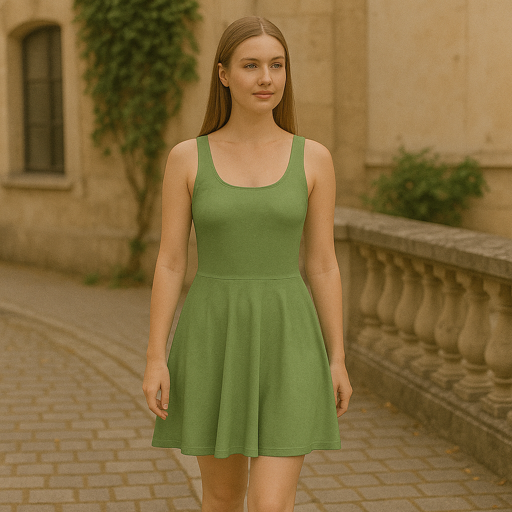 Skater Kleid Milky Matcha Grün – Ärmelloses Sommerkleid mit Strukturprint, schwingender Rock, nachhaltiger Stoff