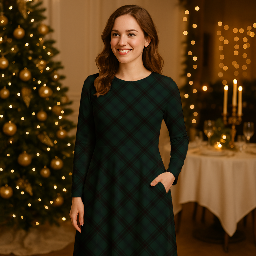 Midi Kleid mit Tartan Muster in Tannengrün & Schwarz | Klassisches Karo Langarmkleid im British Chic