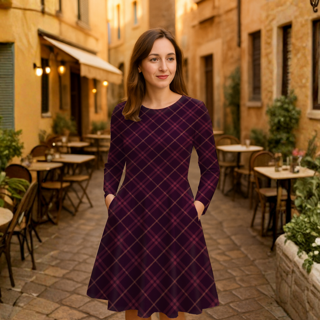 Midi Kleid mit Karomuster in Pflaume & Mauve | Elegantes Langarmkleid im Retro-Stil