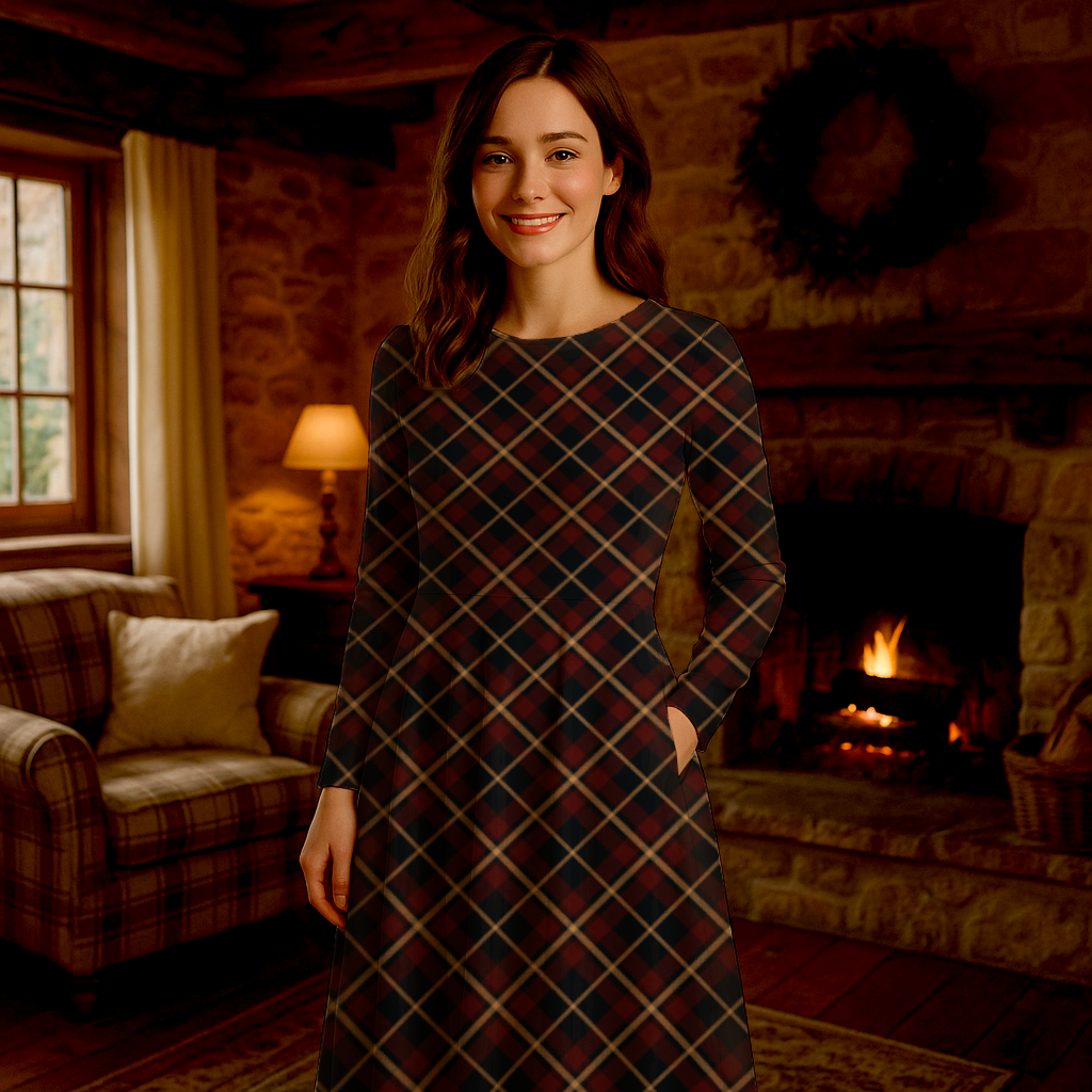 Midi Kleid mit Tartan Muster in Dunkelblau, Bordeaux & Creme | Karo Langarmkleid im Preppy Stil