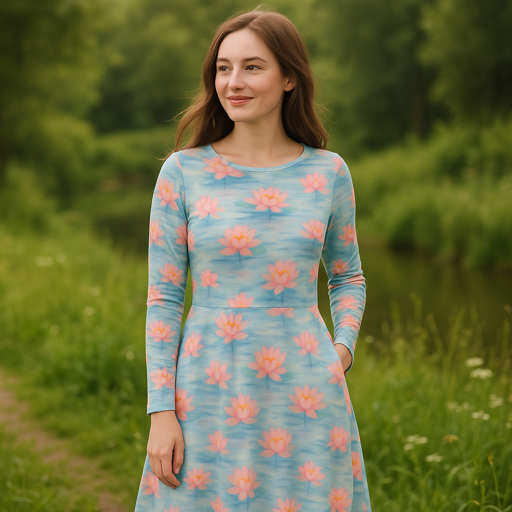 Midi Kleid mit Lotusblüten Aquarellmuster | Romantisches Floral Kleid in Pastell | Elegantes Langarmkleid mit Taschen