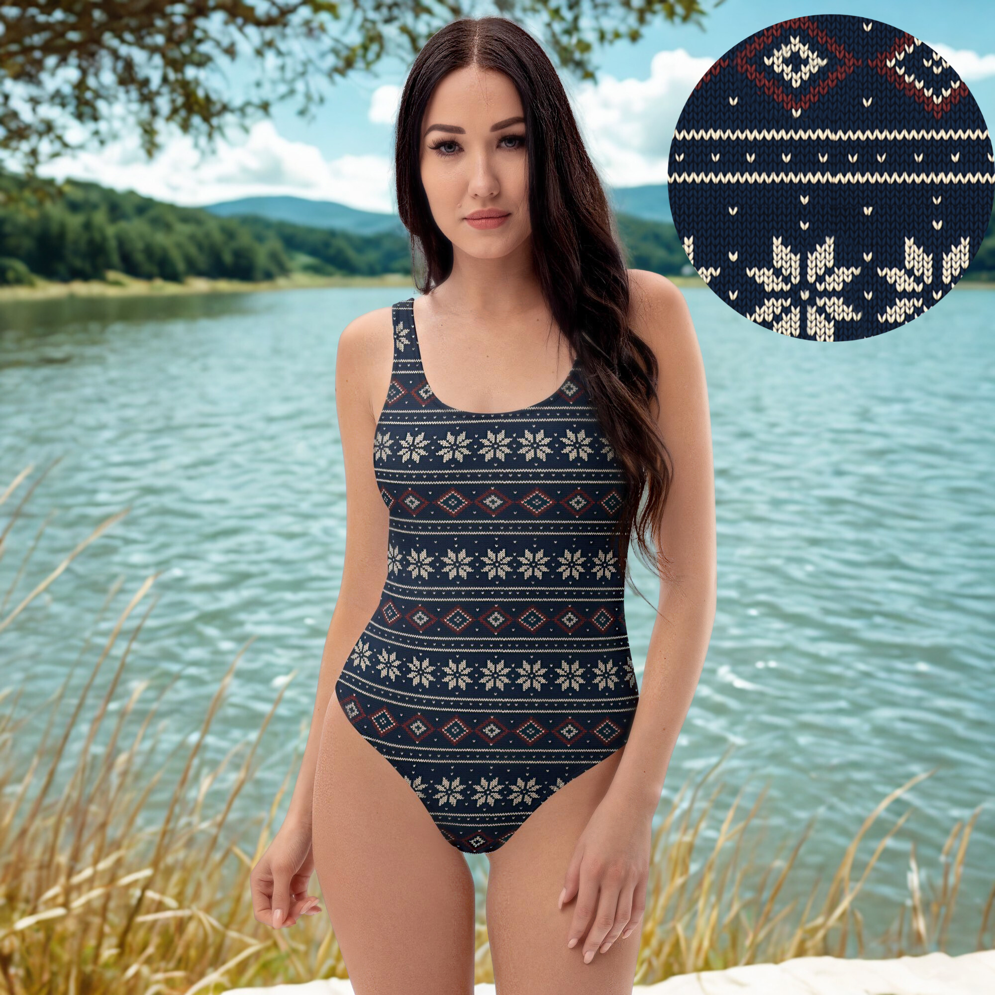Badeanzug mit skandinavischem Strickmuster – Retro Fair Isle Design in Navy, Creme & Rot