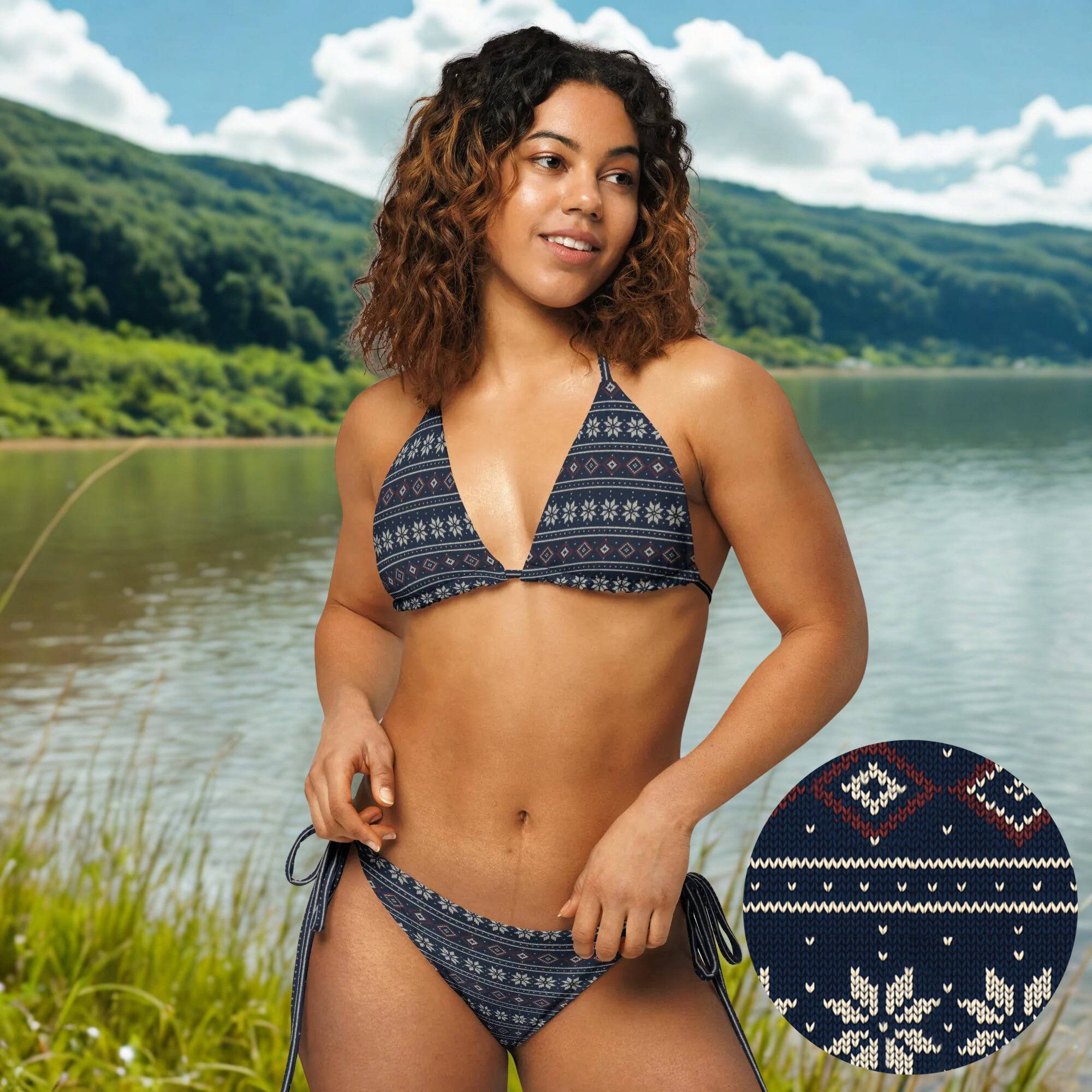 Bikini mit skandinavischem Strickmuster – Retro Fair Isle Design in Navy, Creme & Rot