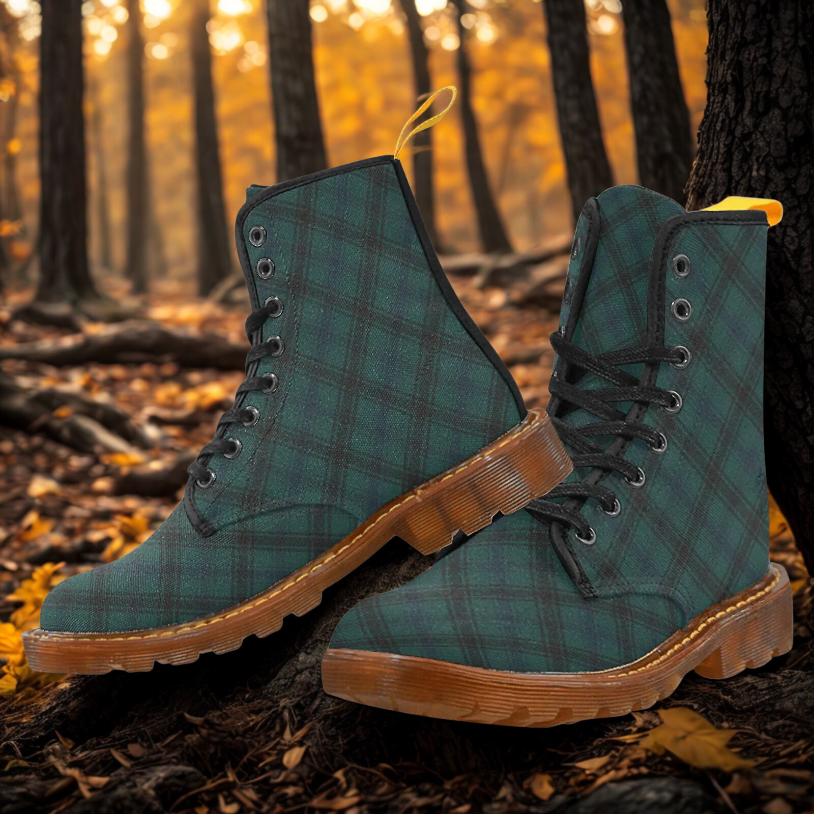 Damen Boots mit grün-blau-schwarzem Tartan | Winter Canvas Lace Up Boots | Stylische karierte Stiefeletten im Schottenkaro