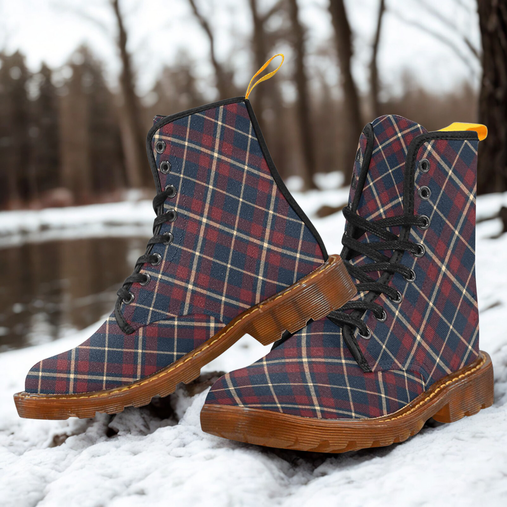 Damen Boots mit dunkelblau-bordeaux-creme Tartan | Winter Canvas Lace Up Boots | Klassische karierte Stiefeletten