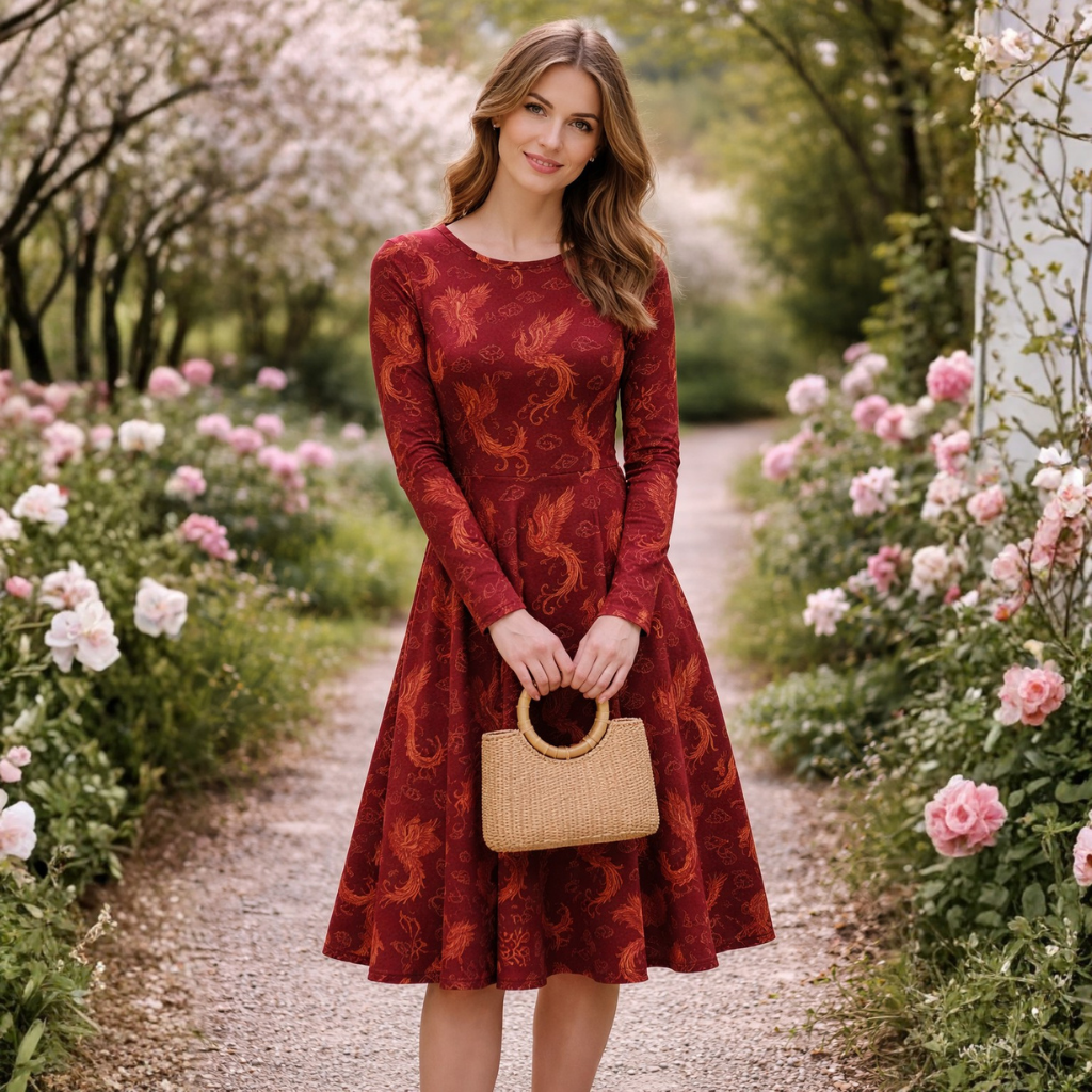 Midi Kleid Phönix Rot Gold | Asiatisch inspiriertes Kleid | Elegantes Midi Kleid mit Phönix Motiv | Statement Kleid Damen