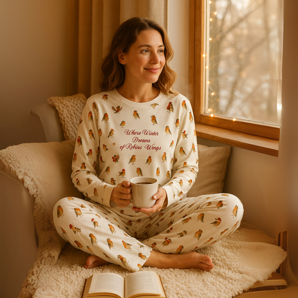 Damen Pyjama „Where Winter Dreams of Robins’ Wings“ – Langarm Schlafanzug mit Rotkehlchen