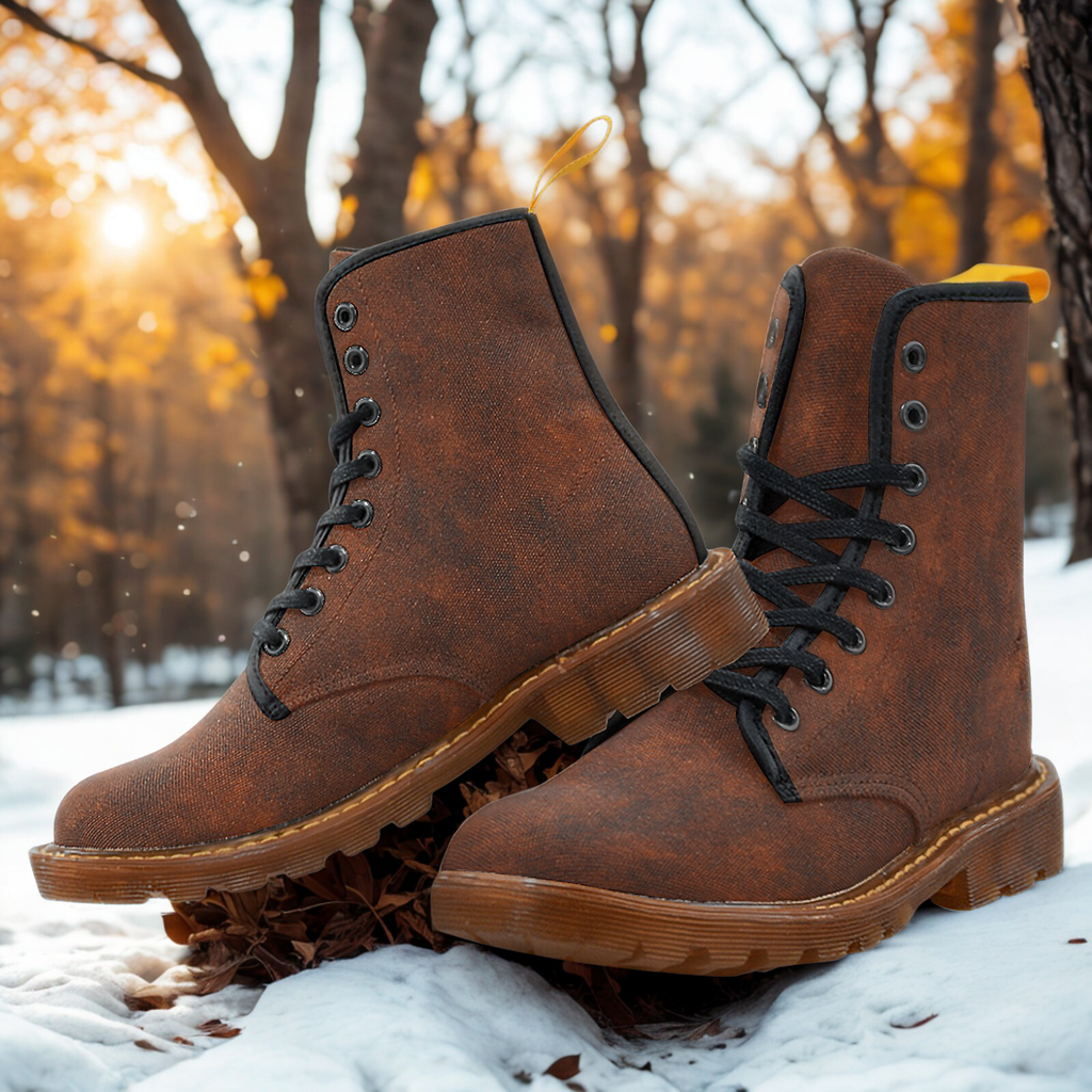 Rostbraune Damen Boots | Canvas Winter Stiefel mit Struktur-Design | Bequeme Schnürboots für Herbst & Winter