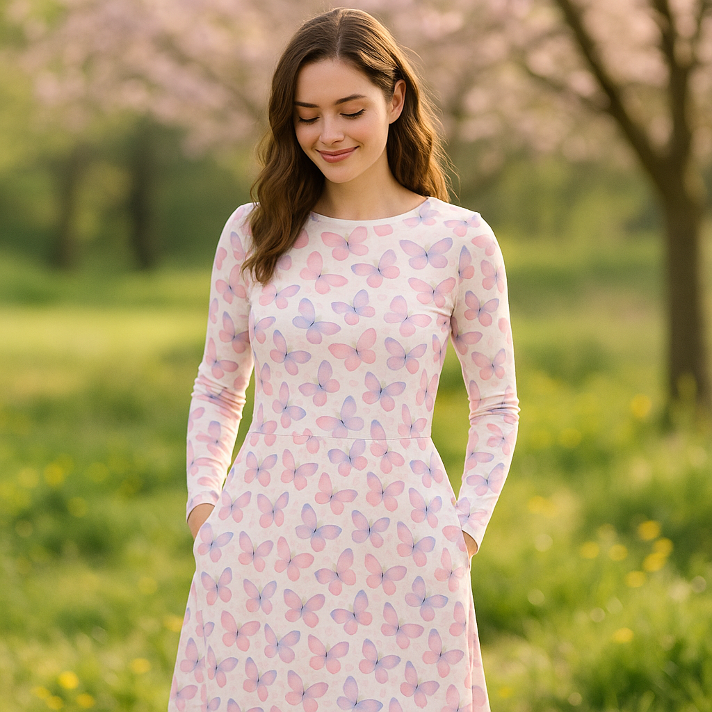 Zartes Midi-Kleid mit Aquarell-Schmetterlingen – Langarm, mit Taschen