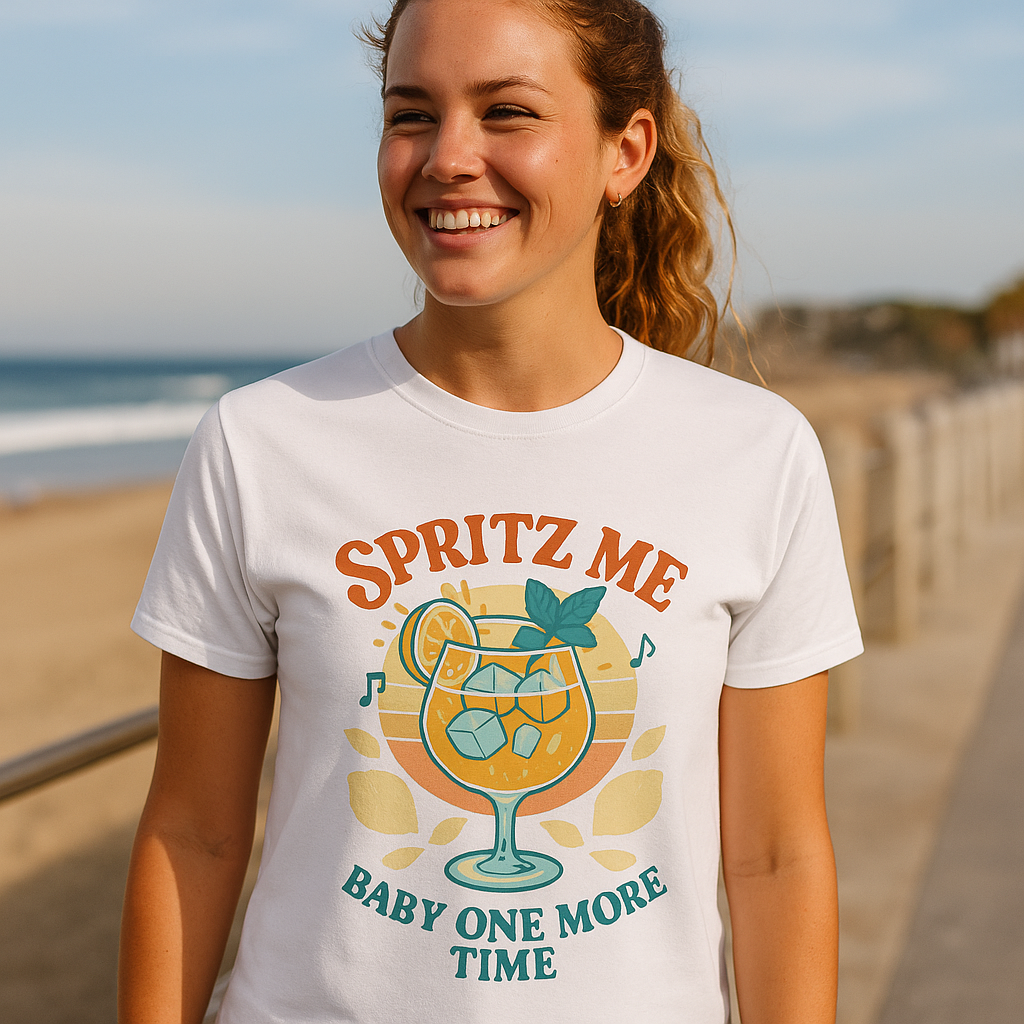 Lustiges Aperol Spritz Shirt – „Spritz Me Baby One More Time“ Damen T-Shirt, Sommer-Shirt mit Cocktail-Motiv