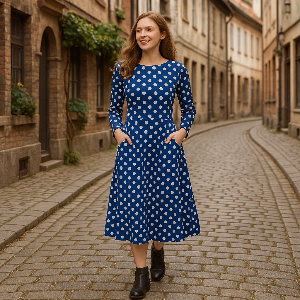 Blaues Polka-Dot Midi-Kleid mit langen Ärmeln und Taschen – Retro A-Linie