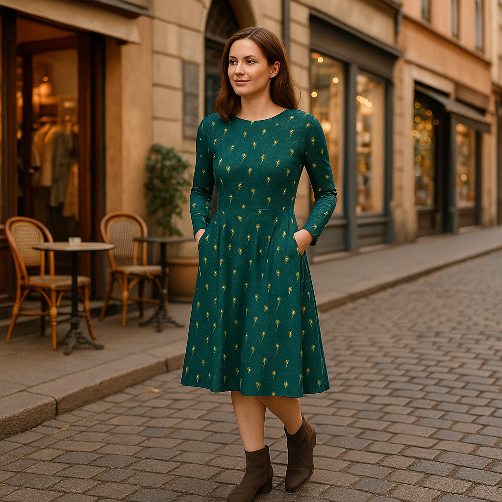 Teal Midi Kleid Damen mit goldenen Blumen | Langarm Kleid elegant & casual mit Taschen | Herbst Winter Kleid festlich & alltagstauglich
