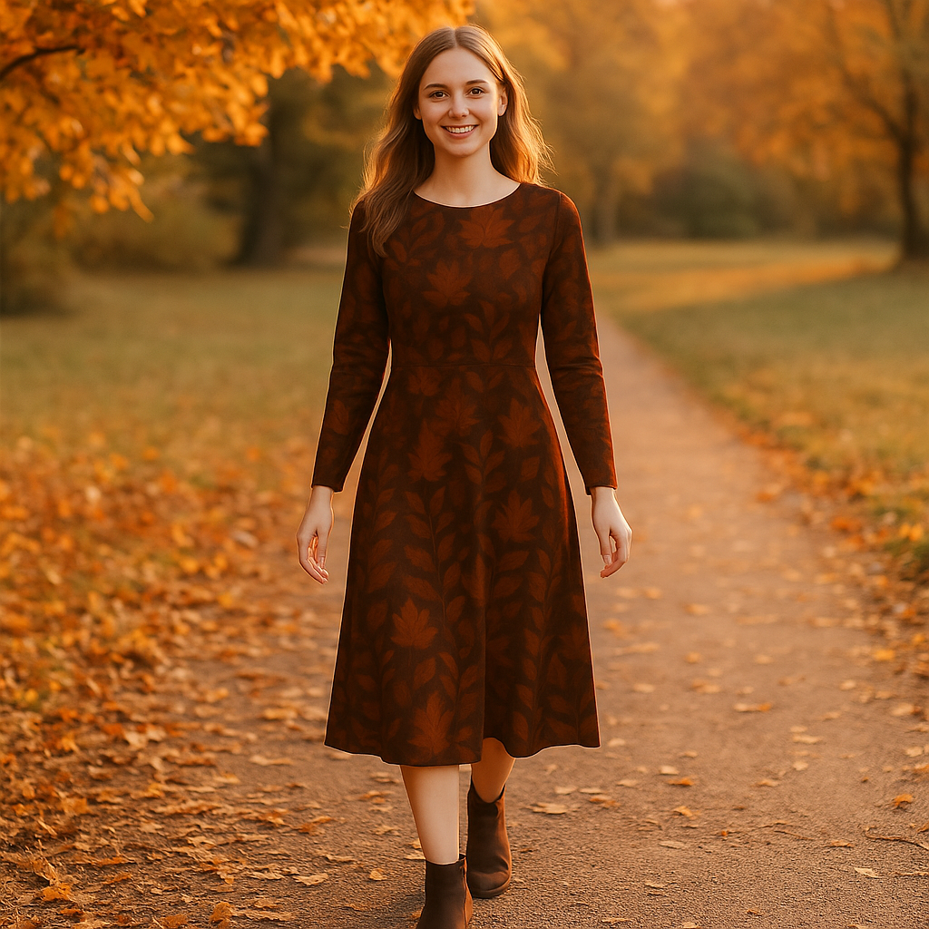 Rostbraunes Herbstkleid mit Blätterprint | Langarm Midikleid Damen | Warmes Kleid für Herbst & Übergangszeit