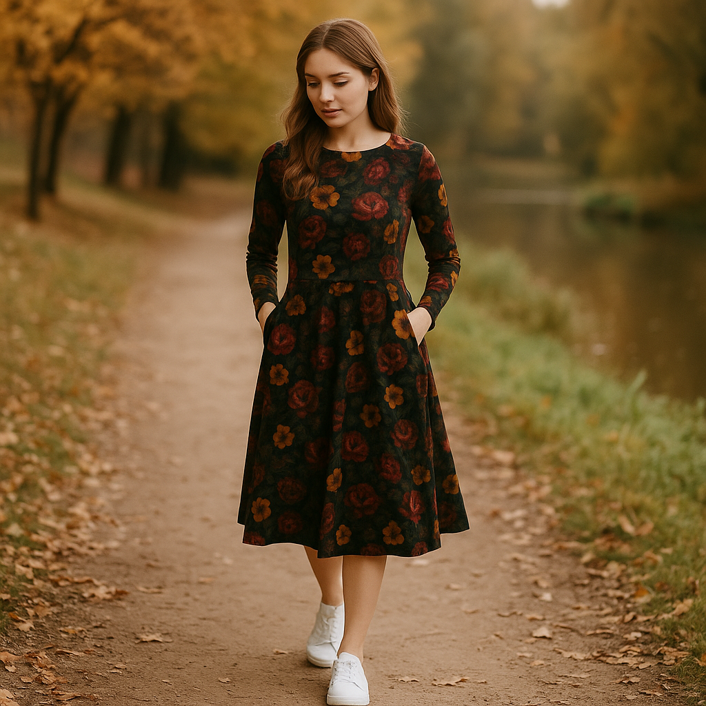 Elegantes Midikleid mit dunklem Blumenmuster – Langarm, romantisch & stilvoll