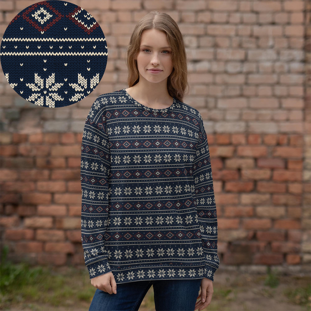 Skandinavisches Winter Sweatshirt mit Strickmuster-Print – Unisex Pullover in Blau, Weiß & Rot – Weiches Wintershirt im Nordic Look
