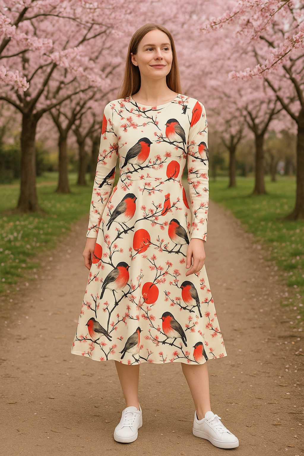 Künstlerisches Rotkehlchen-Kleid – Midi-Länge mit Kirschblüten, Seitentaschen & langen Ärmeln