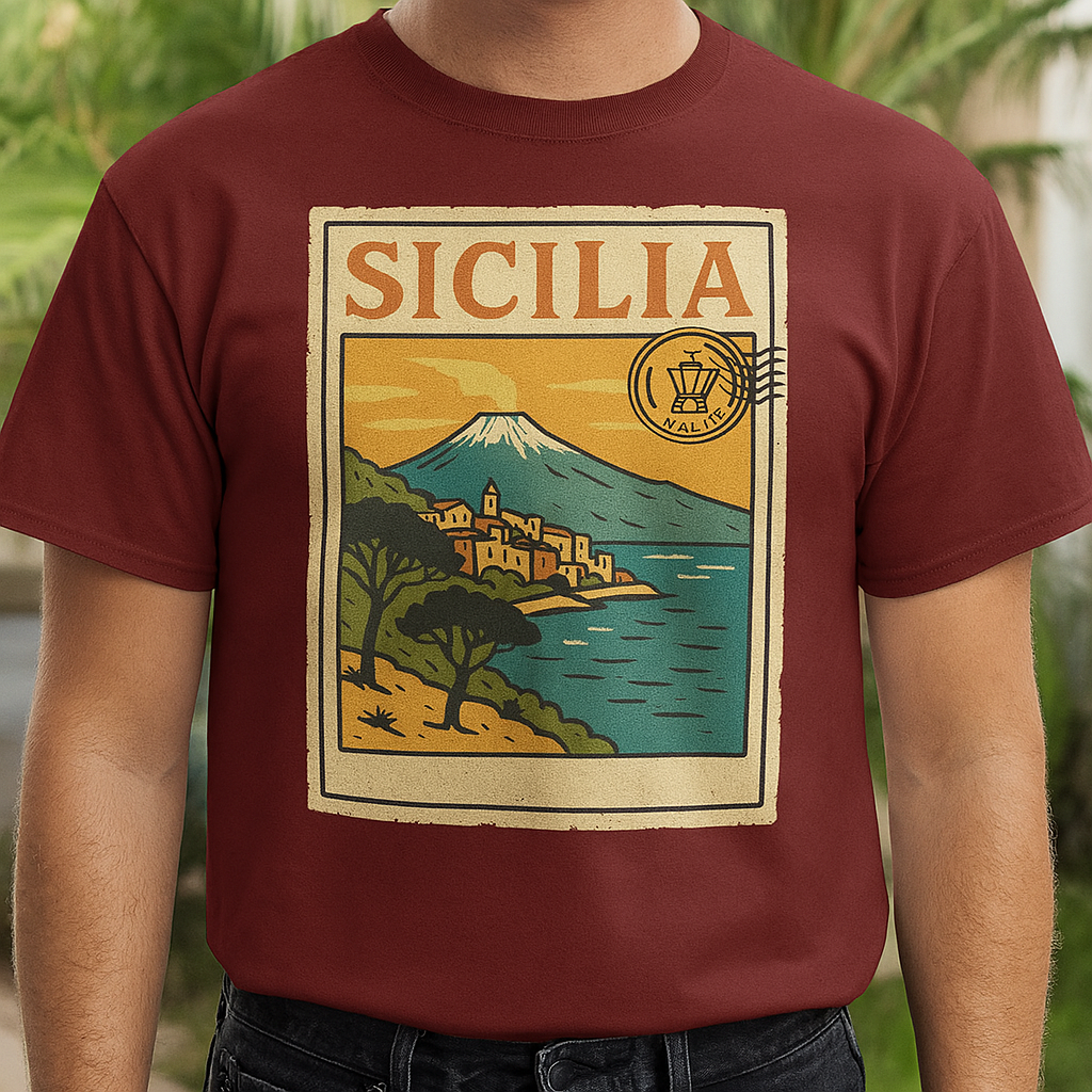 Sizilien T-Shirt – Vintage Italia Design mit Vulkan, Meer & Postkartenlook