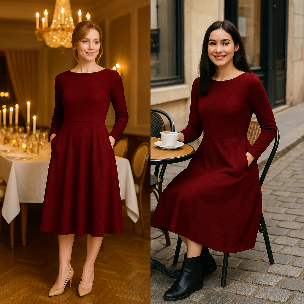 Bordeaux Midi Kleid Damen – Elegantes Herbst Winter Kleid, Langarm Kleid mit Taschen