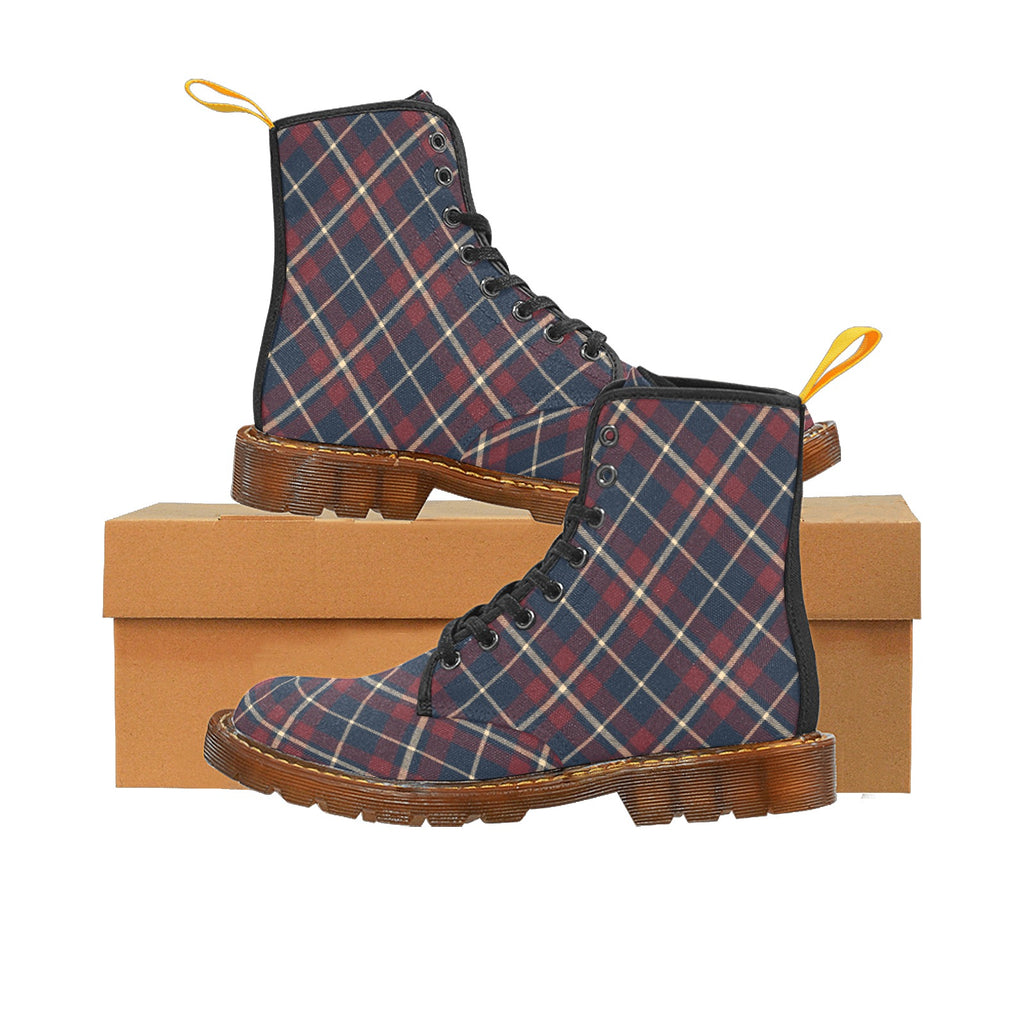 Damen Boots mit dunkelblau-bordeaux-creme Tartan | Winter Canvas Lace Up Boots | Klassische karierte Stiefeletten