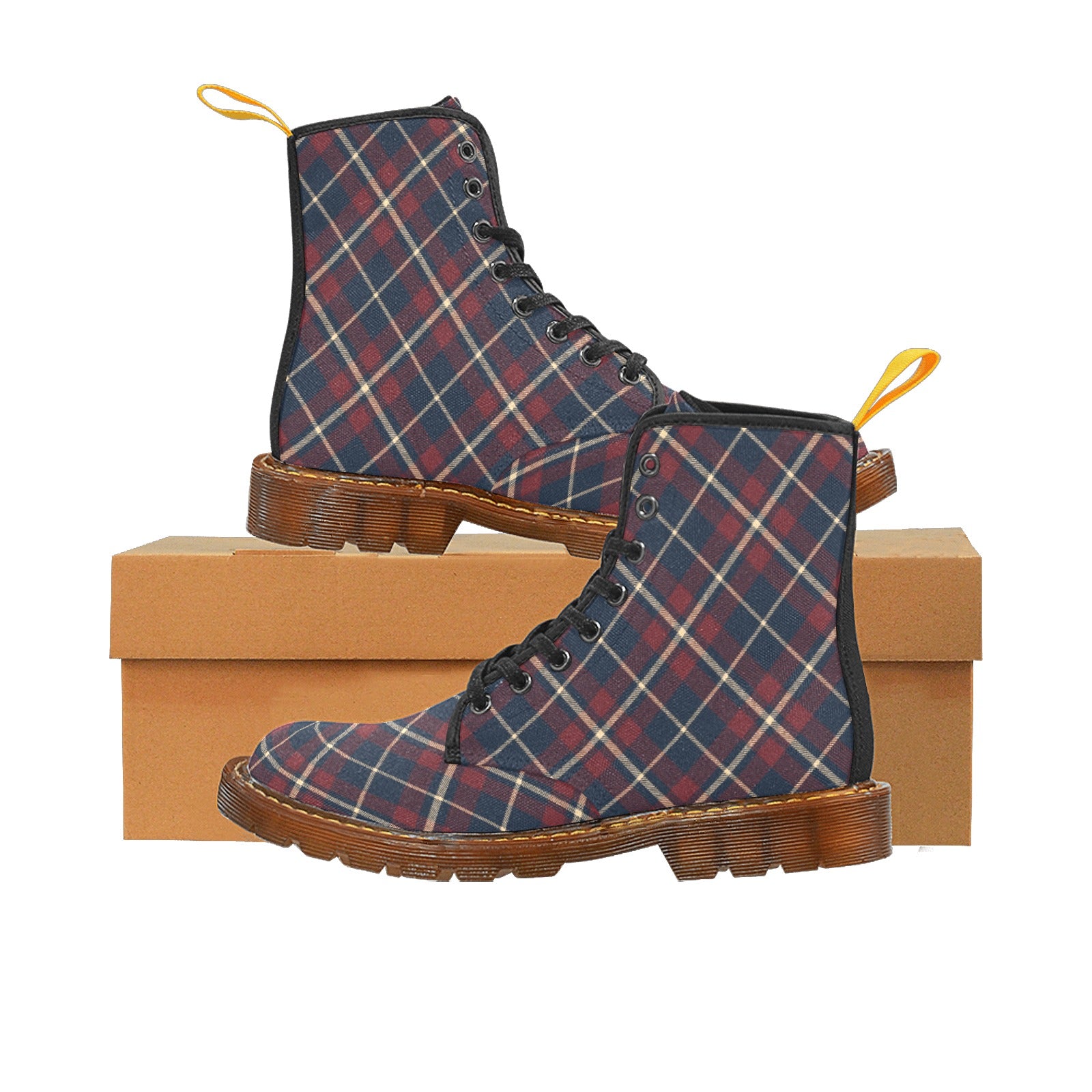 Damen Boots mit dunkelblau-bordeaux-creme Tartan | Winter Canvas Lace Up Boots | Klassische karierte Stiefeletten