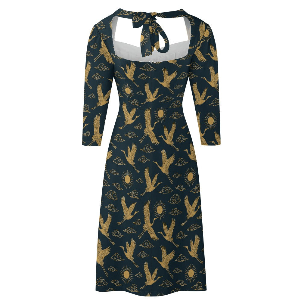 Kleid mit goldenen Kranichen | Dunkelblaues Sweetheart Knot Kleid | Elegant & figurschmeichelnd | Geschenkidee Damen