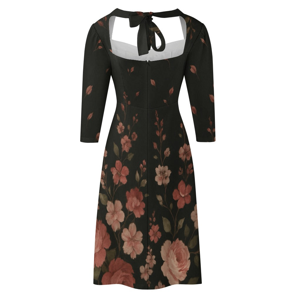 Schwarzes Blumen-Kleid mit Schleife | Sweetheart Knot Flare Dress mit 3/4-Ärmeln – Elegant & Feminin für Alltag, Büro & besondere Anlässe