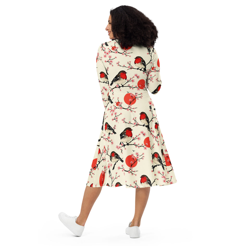 Künstlerisches Rotkehlchen-Kleid – Midi-Länge mit Kirschblüten, Seitentaschen & langen Ärmeln