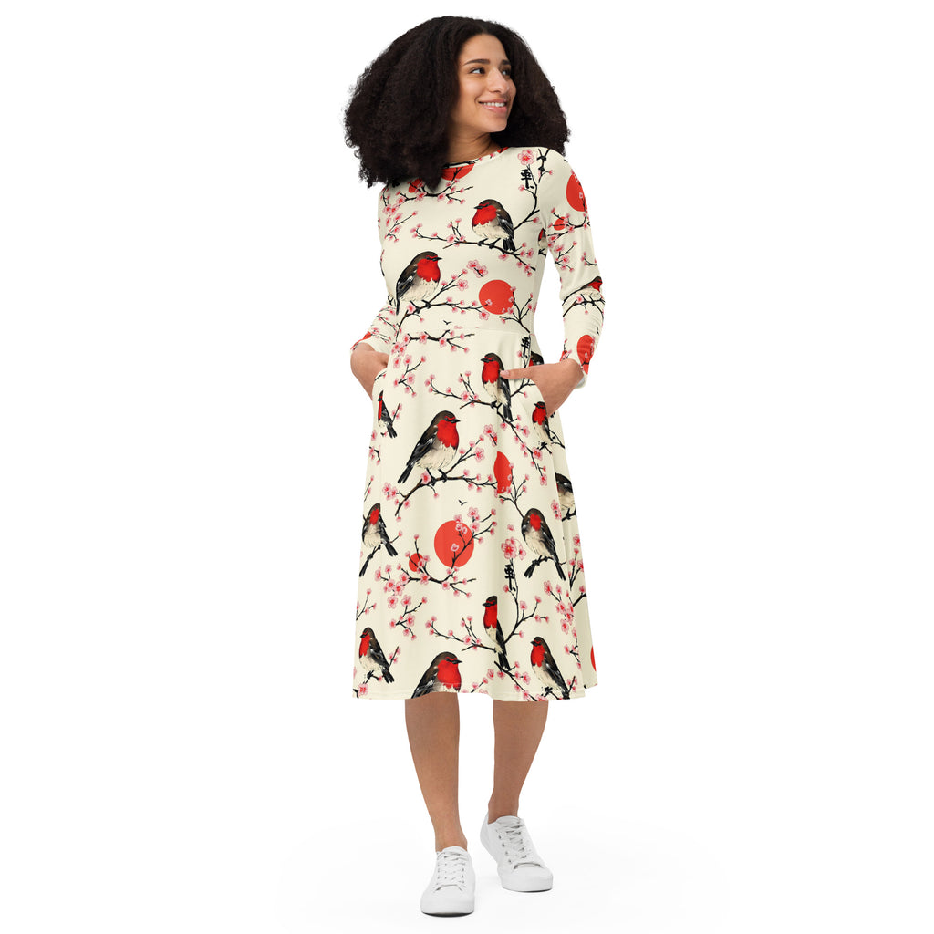 Künstlerisches Rotkehlchen-Kleid – Midi-Länge mit Kirschblüten, Seitentaschen & langen Ärmeln