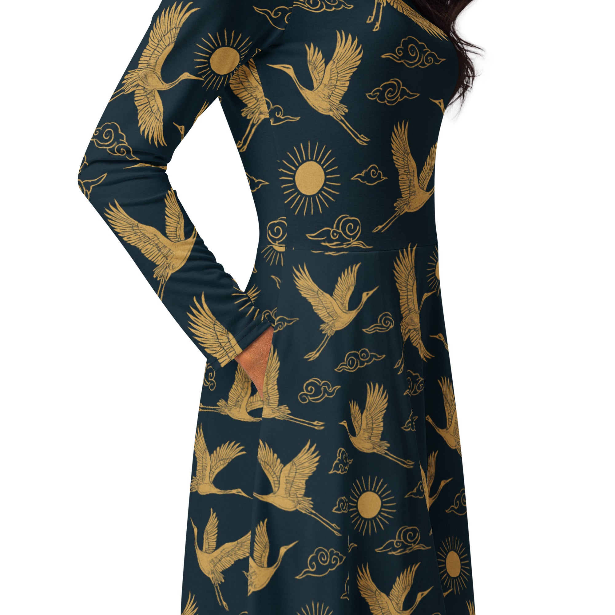 Elegantes Kranich-Kleid – Goldene Vögel auf Nachtblau, Midi-Länge mit Taschen & langen Ärmeln