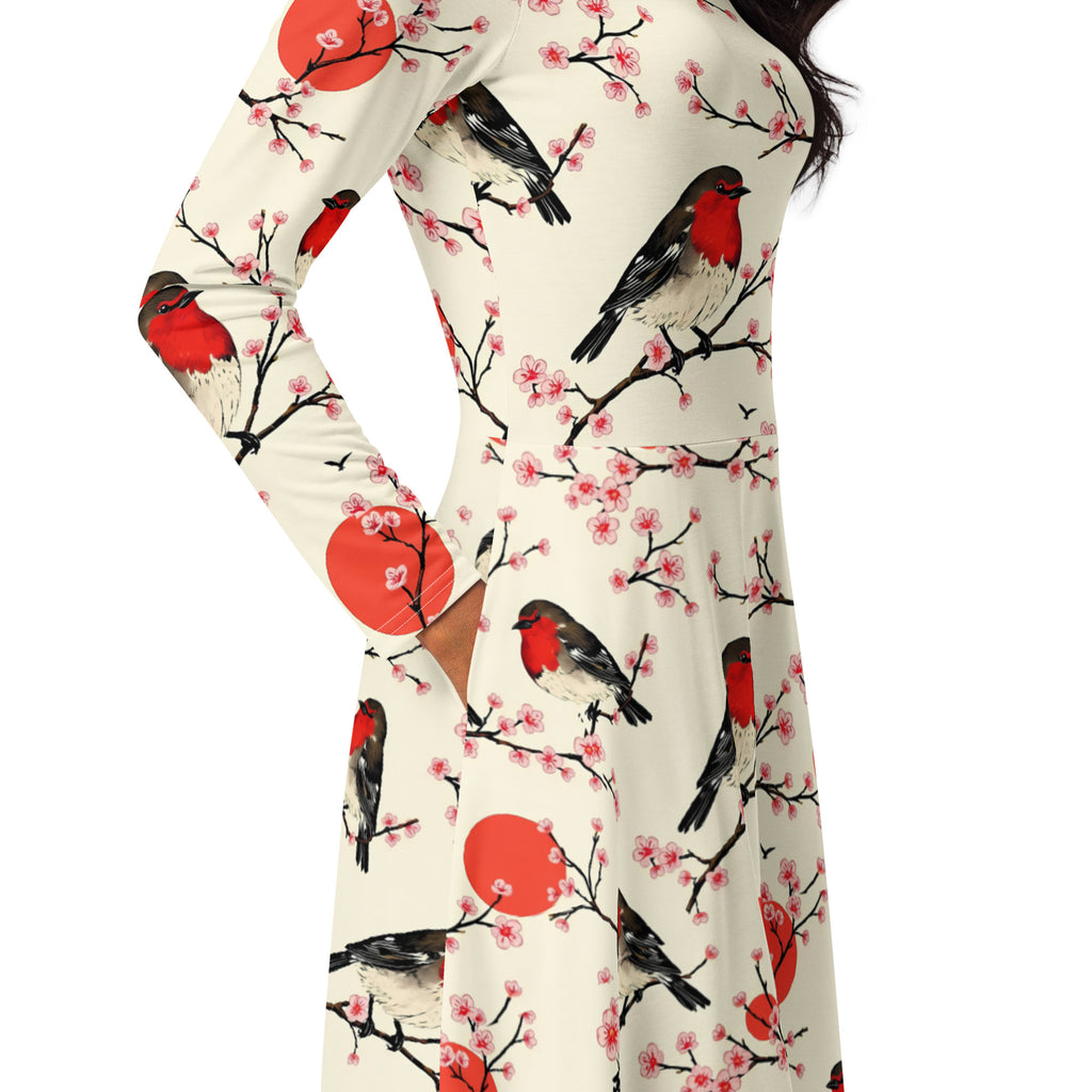Künstlerisches Rotkehlchen-Kleid – Midi-Länge mit Kirschblüten, Seitentaschen & langen Ärmeln