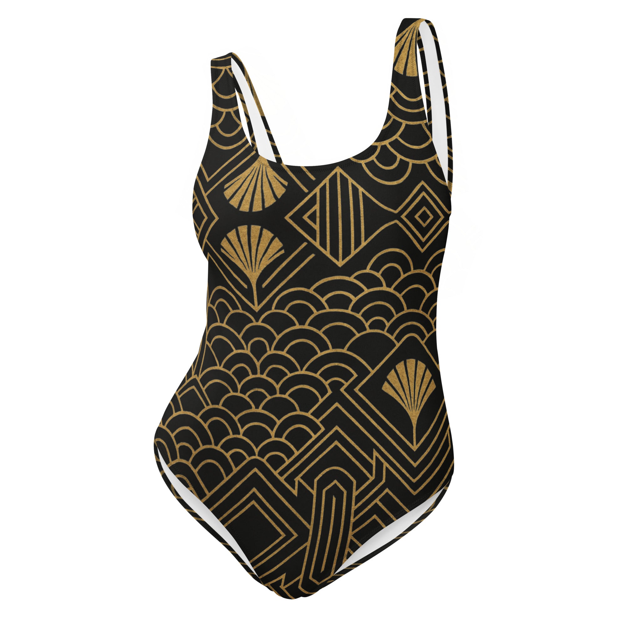 Eleganter Badeanzug im Art-Déco-Stil – Schwarz & Gold Retro Design