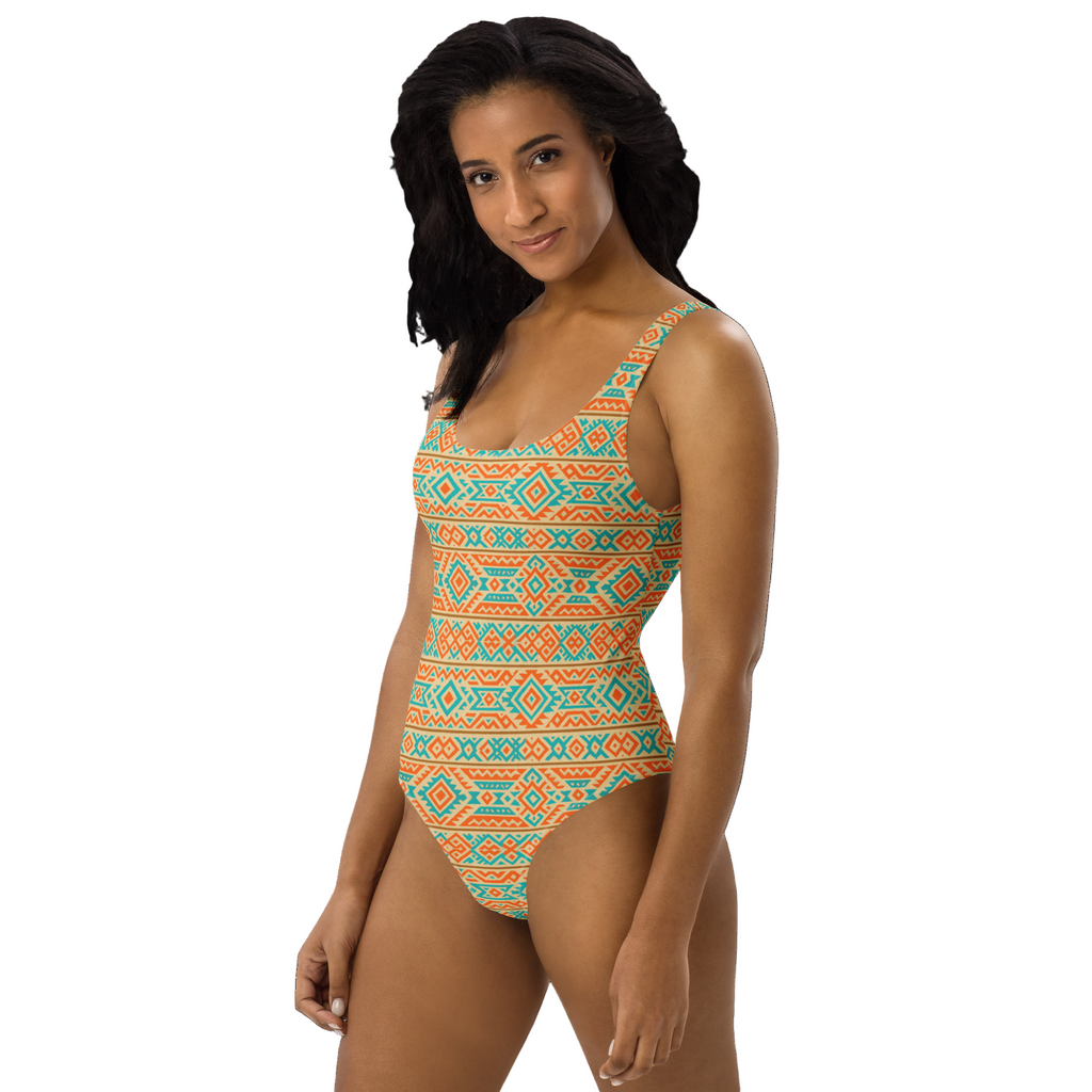 Badeanzug mit aztekischem Muster in Türkis & Orange | Boho Einteiler mit Tribal Design | Sommer Bademode für Damen