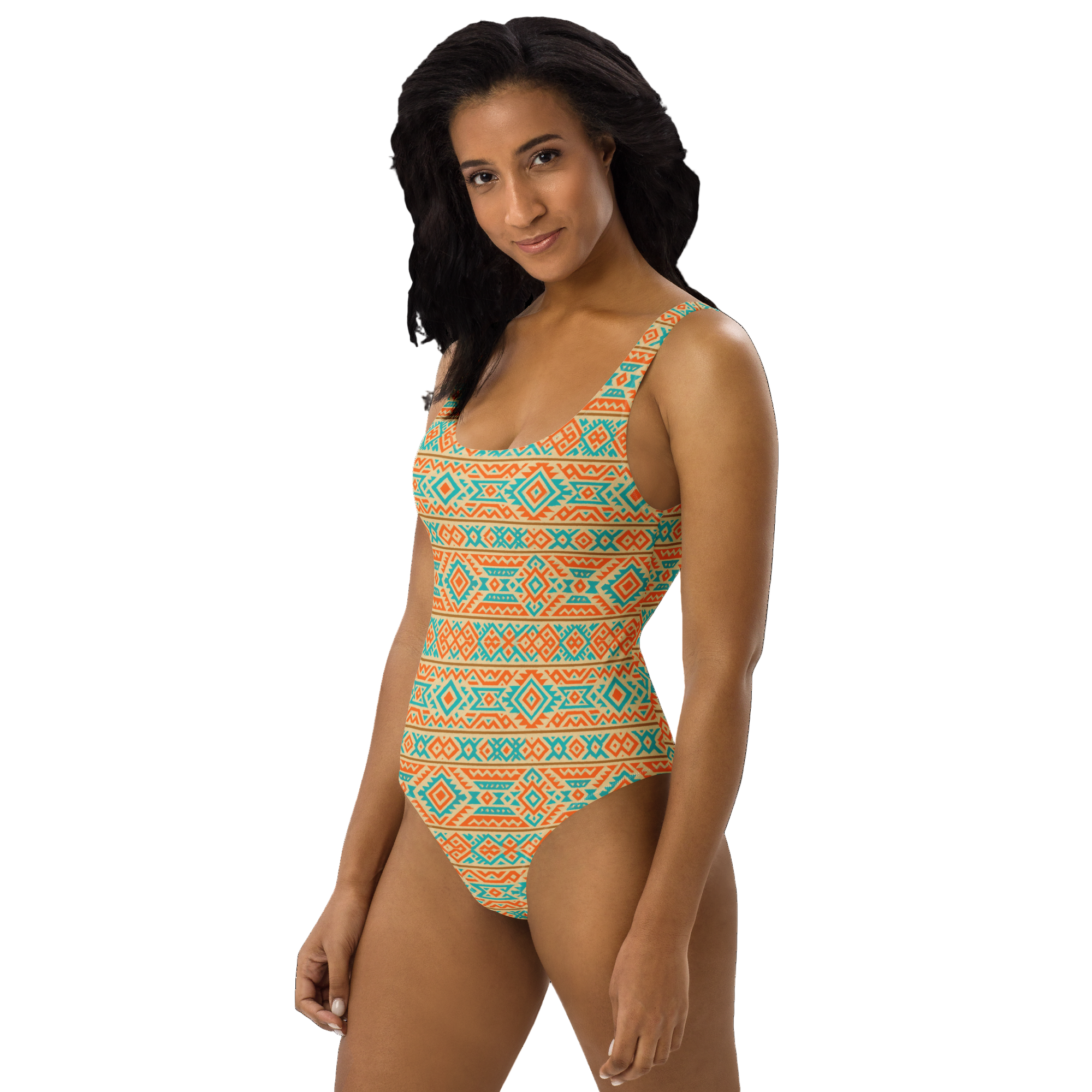 Badeanzug mit aztekischem Muster in Türkis & Orange | Boho Einteiler mit Tribal Design | Sommer Bademode für Damen