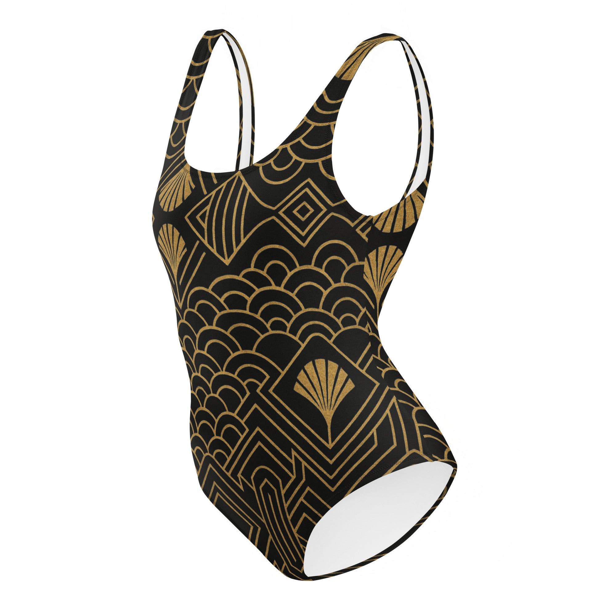Eleganter Badeanzug im Art-Déco-Stil – Schwarz & Gold Retro Design