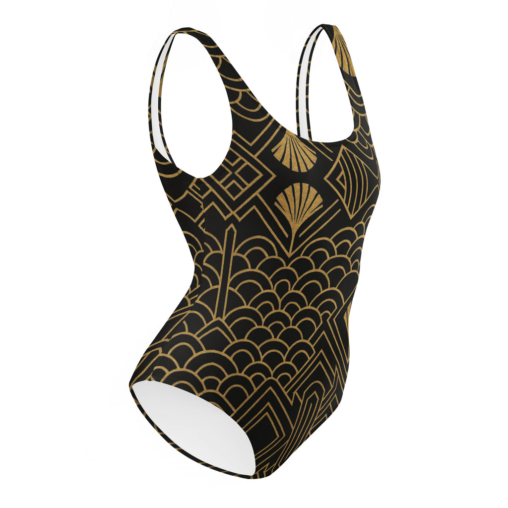 Eleganter Badeanzug im Art-Déco-Stil – Schwarz & Gold Retro Design