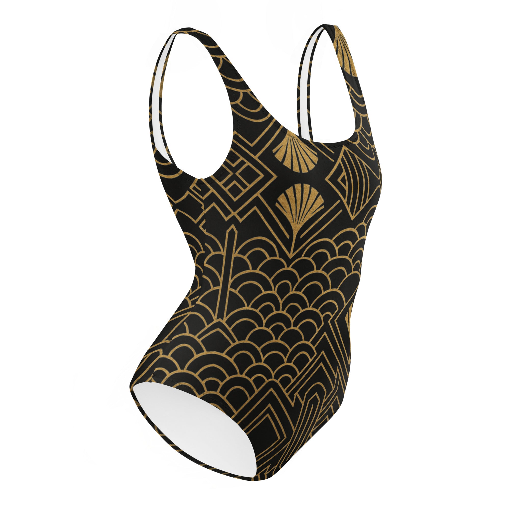 Eleganter Badeanzug im Art-Déco-Stil – Schwarz & Gold Retro Design